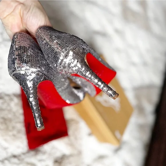 Christian louboutin sequin DECOLTISSIMO 100 SILVER PAILLETTES pointed toe heel - Picture 7 of 14